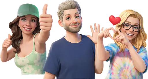 Three cartoon-style, faceless avatar characters with different hand gestures.